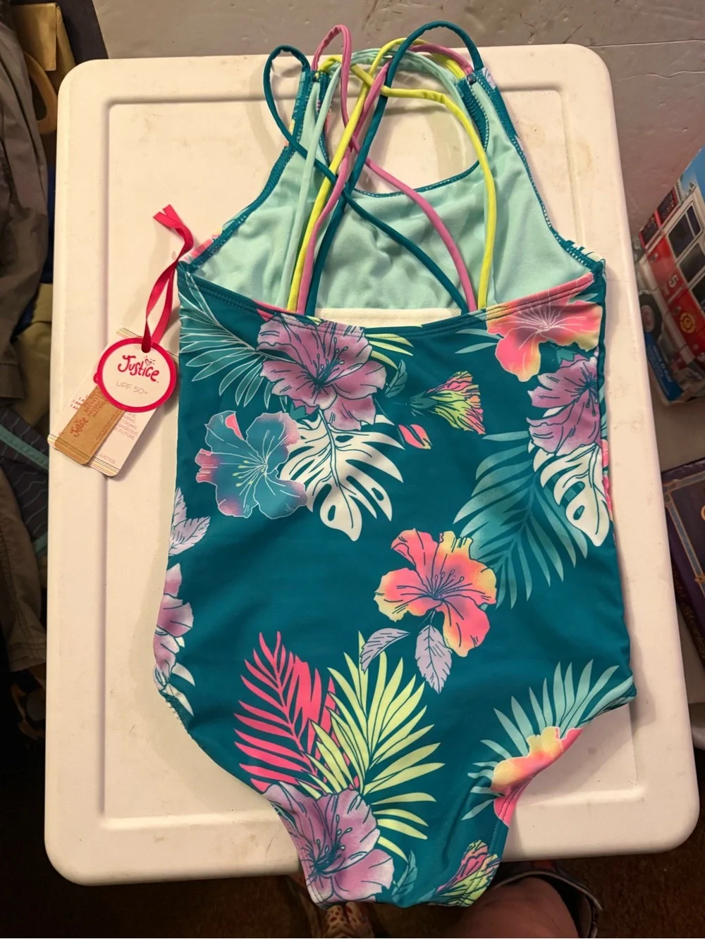 Justice Teal Tropical Floral Girls One-Piece Swimsuit